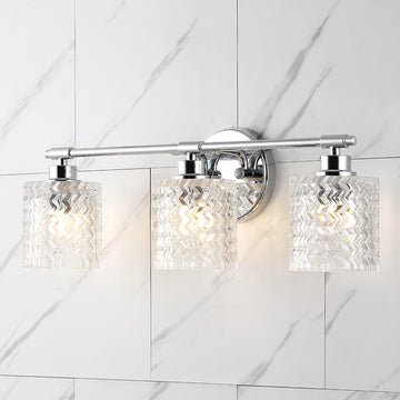 Spaulding Vintage Iron/Chevron Pattern Glass Farmhouse Cottage LED Vanity Light - JONATHAN Y
